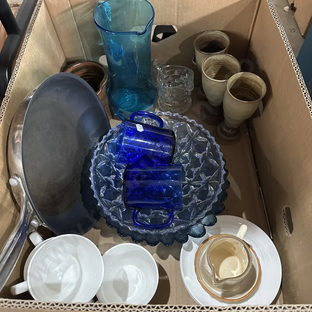 vintage blue glass jug, baccarat pan, pottery etc Image 1++