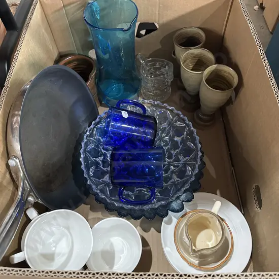 vintage blue glass jug, baccarat pan, pottery etc