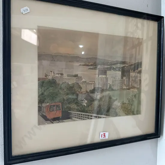 signed watercolour of cable car Wellington