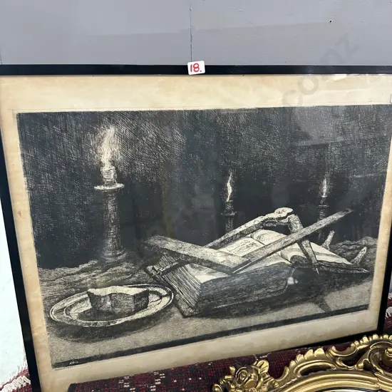 Oil painting and signed etching  by Dutch artist Jan Sirks (2 photos)