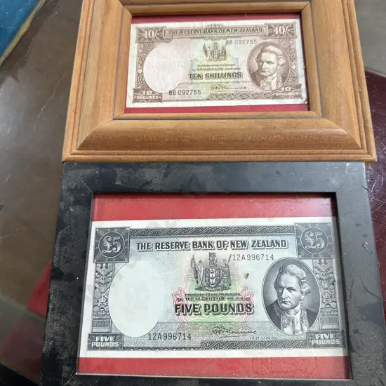 5 pound & 10 shilling framed notes