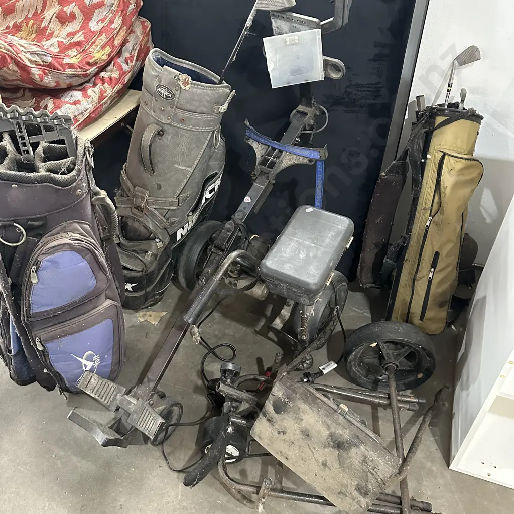 3 golf trolleys (1 electric) plus 3 bags Image 1++