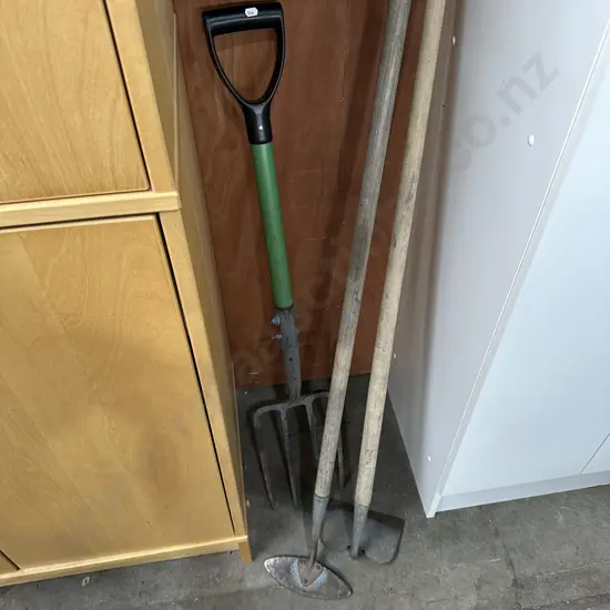 2 hoes and garden fork