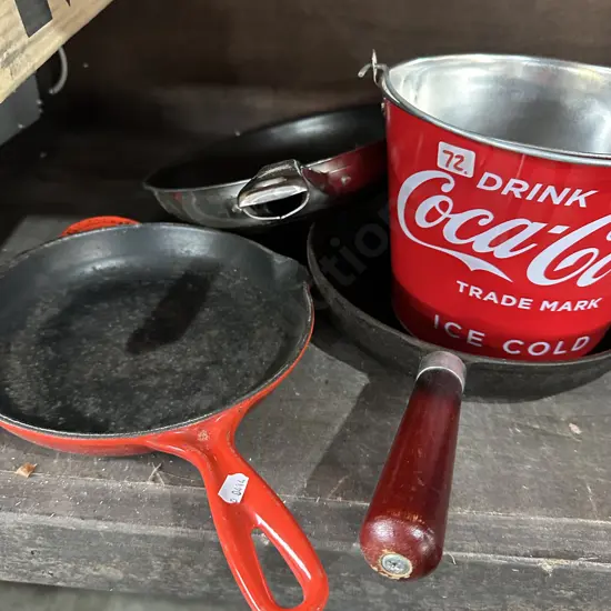 3 pans inc LeCreuset & Coke bucket