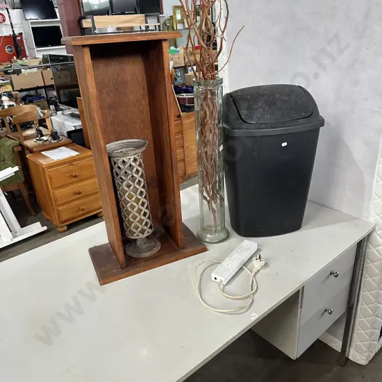 spagette vase, decorative candle, Rimu side shelf, bin, multiplug & desk