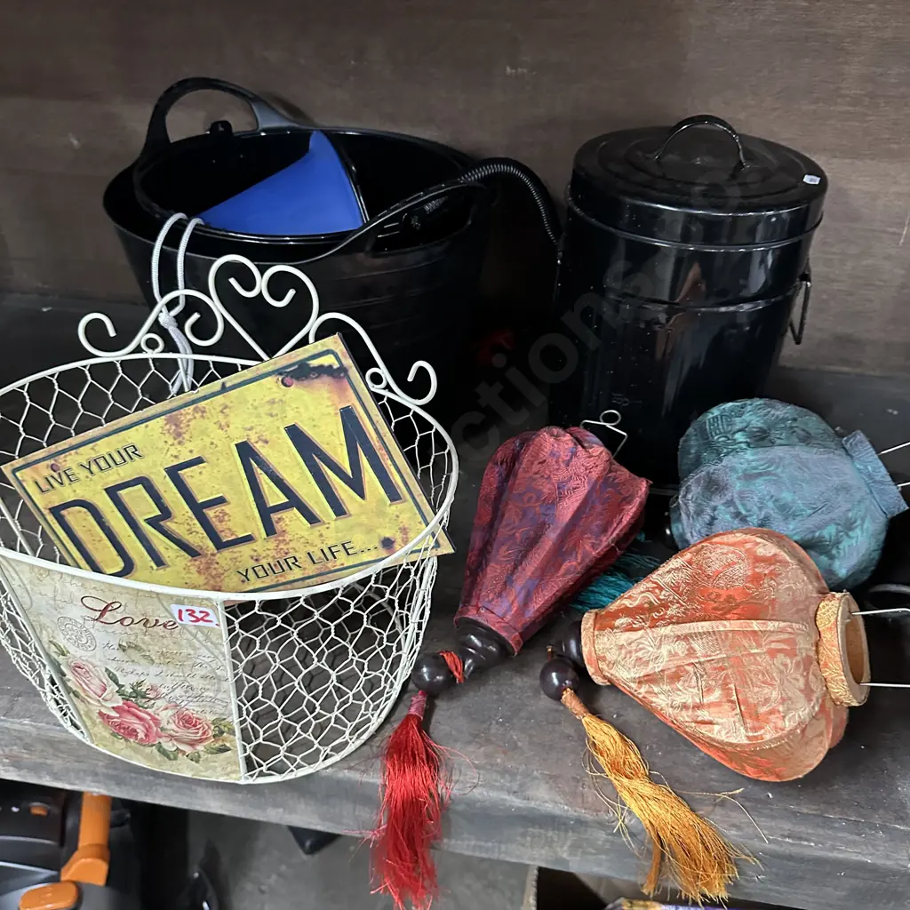 chinese lanterns, wire flower holder, bins and buckets etc Image 1++