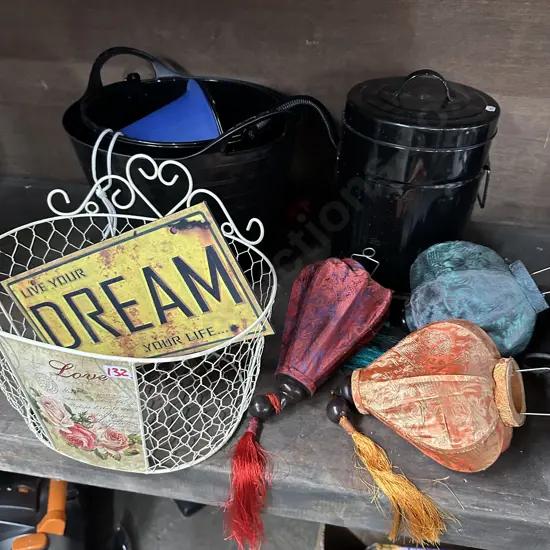 chinese lanterns, wire flower holder, bins and buckets etc