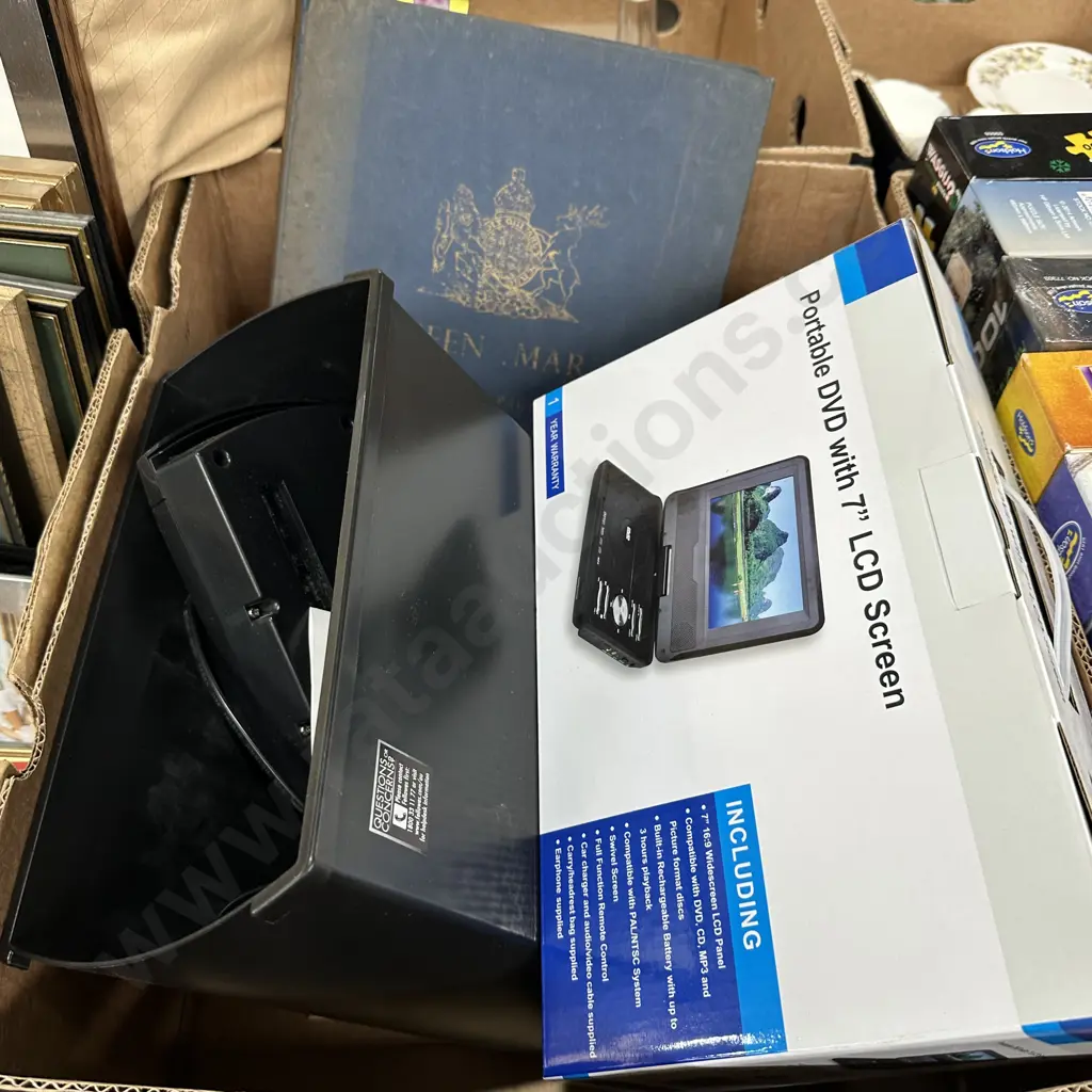 Two boxes unused portable DVD LCD screen, shredder and pictures. Image 1++