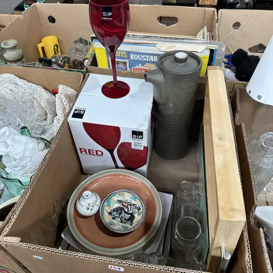 Boxed red wine glasses, Denby plates and jug etc.