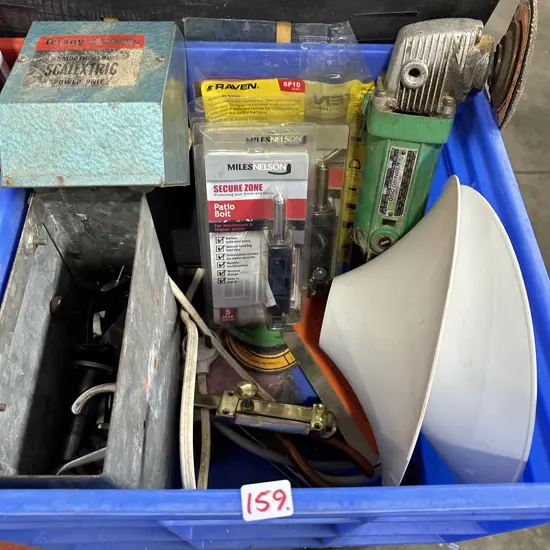 Bin of tools, grinder and hardware etc.