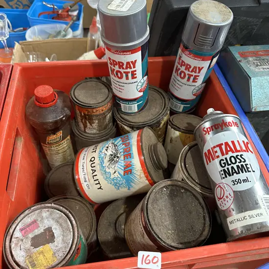 Bin of paint, linseed oil, turps etc.