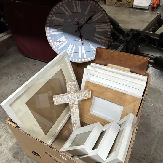 Box lot of frames and clock etc.