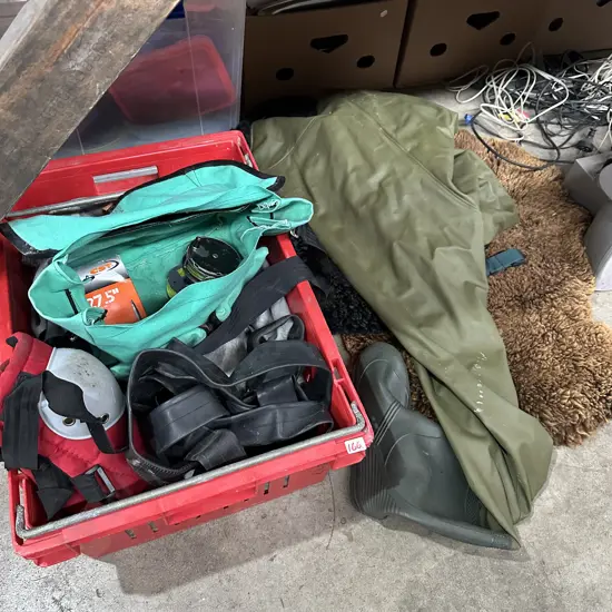 Vege bin, car cover, waders, sheepskin, bag and reels, knee pads etc.