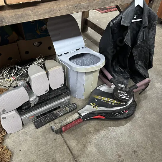 Bay lot camp toilet, jacket, rackets, DVD and VCR players etc.