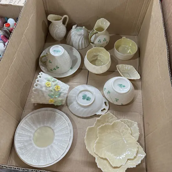 Box of vintage Belleek teaware.