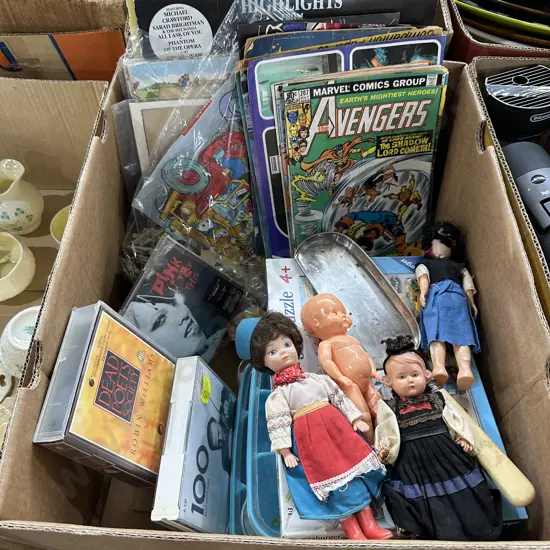 Box lot comics, dolls, CDs etc.