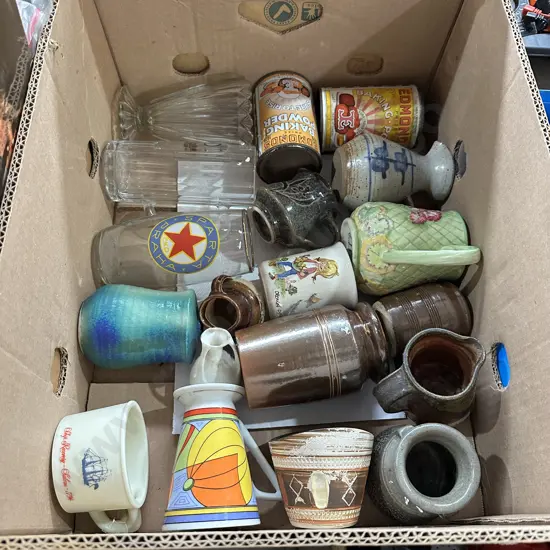 Box or collectable tins and pottery etc.