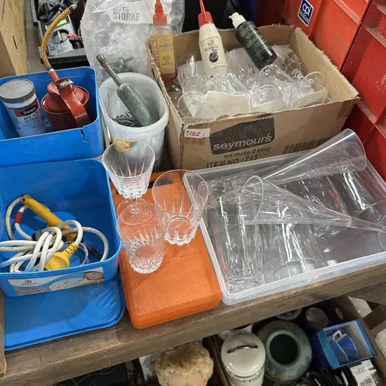 Lot of glassware, oils, galv nails etc.