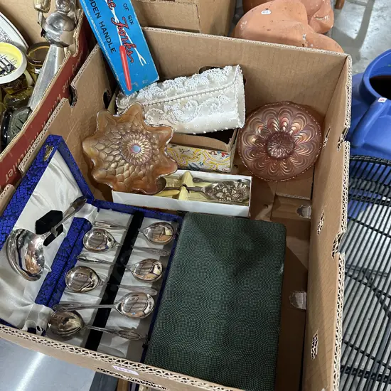 Carnival glass and cutlery sets etc.