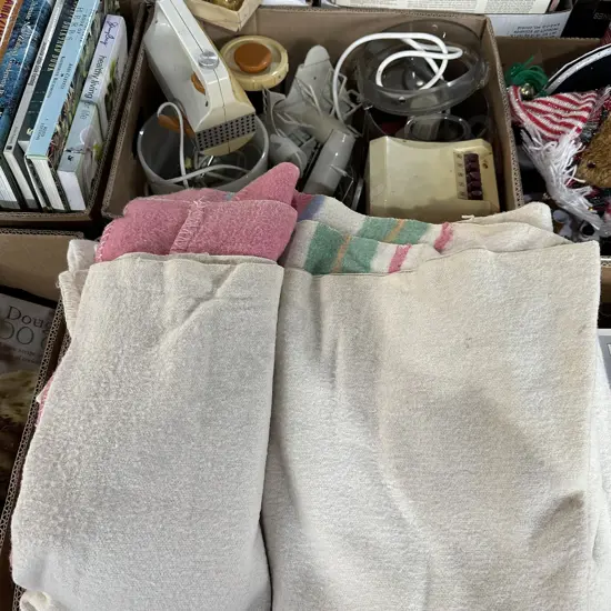 Two boxes kitchen appliances and three vintage blankets.