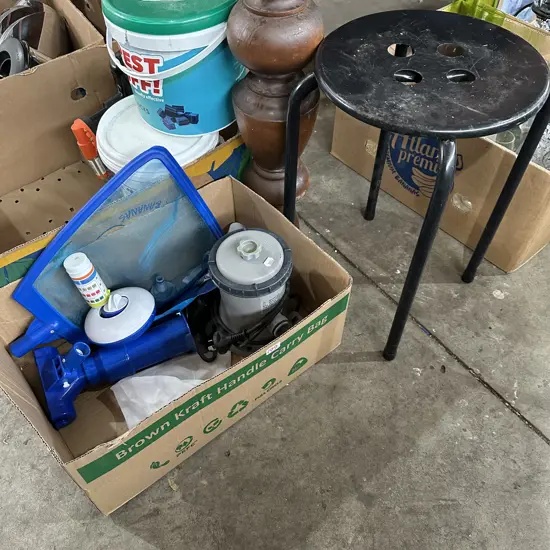 Pool pump and accessories plus stool.