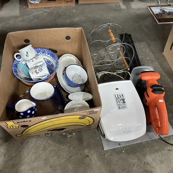 George forman, box lot including Denby jug., electric hedge trimmer