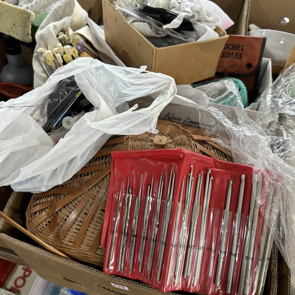 sewing box, knitting bag and new tea towels etc Image 1++