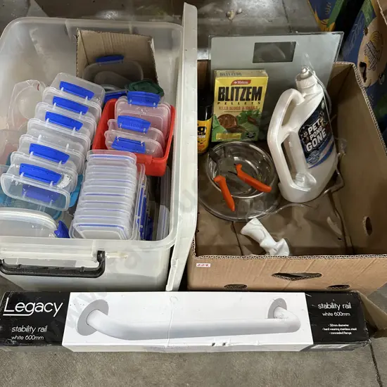 Bin of tupperware, rail, digital scales , secateurs etc