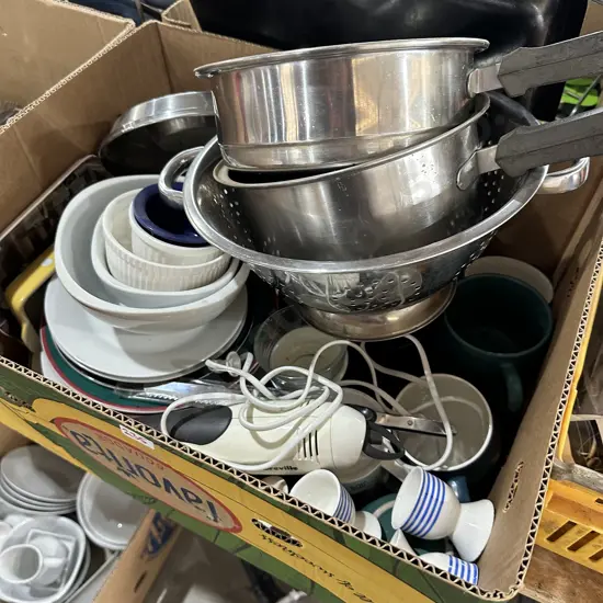 collender, pots and dinnerware etc