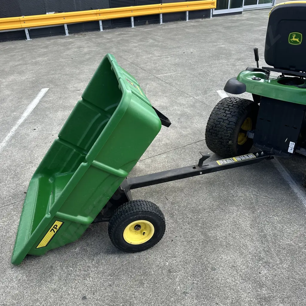 John Deere D140 ride on mower 2015- well maintained plus tipping tow cart Image 1++