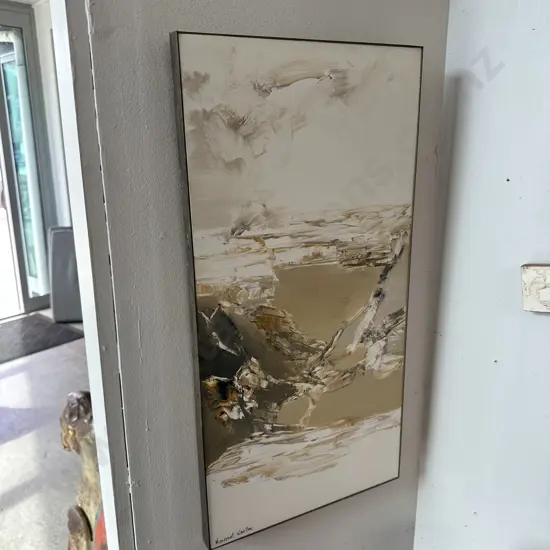 Margaret Woolley painting "Coastline" 1976 in Brass frame