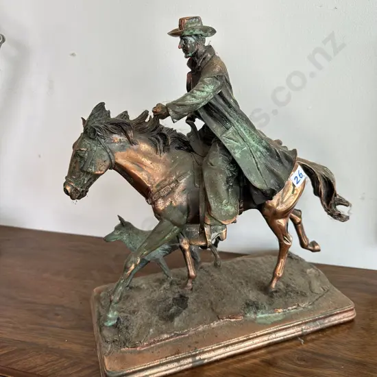 Copper finished figure of stockman & his dog 37cm tall (some damage)