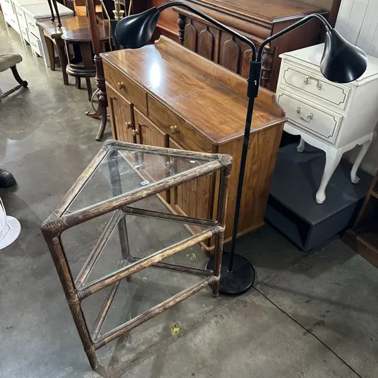cane corner shelf and reading lamp