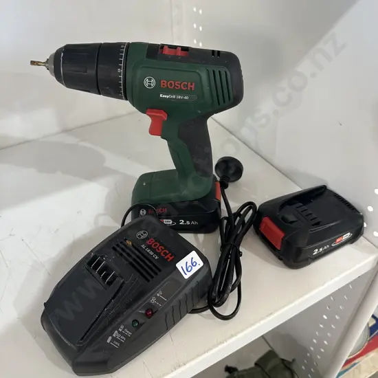 Bosch 18V battery drill, charger and two 2.5Ah Li-ion batteries.