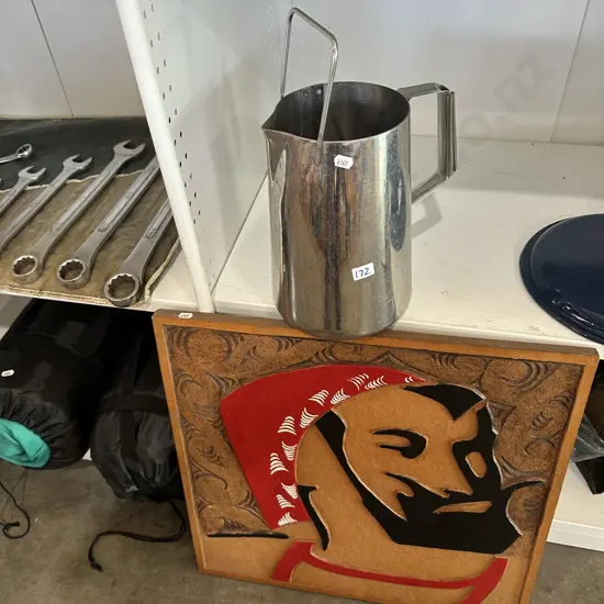 Large stainless steel jug.& Marley wall hanging