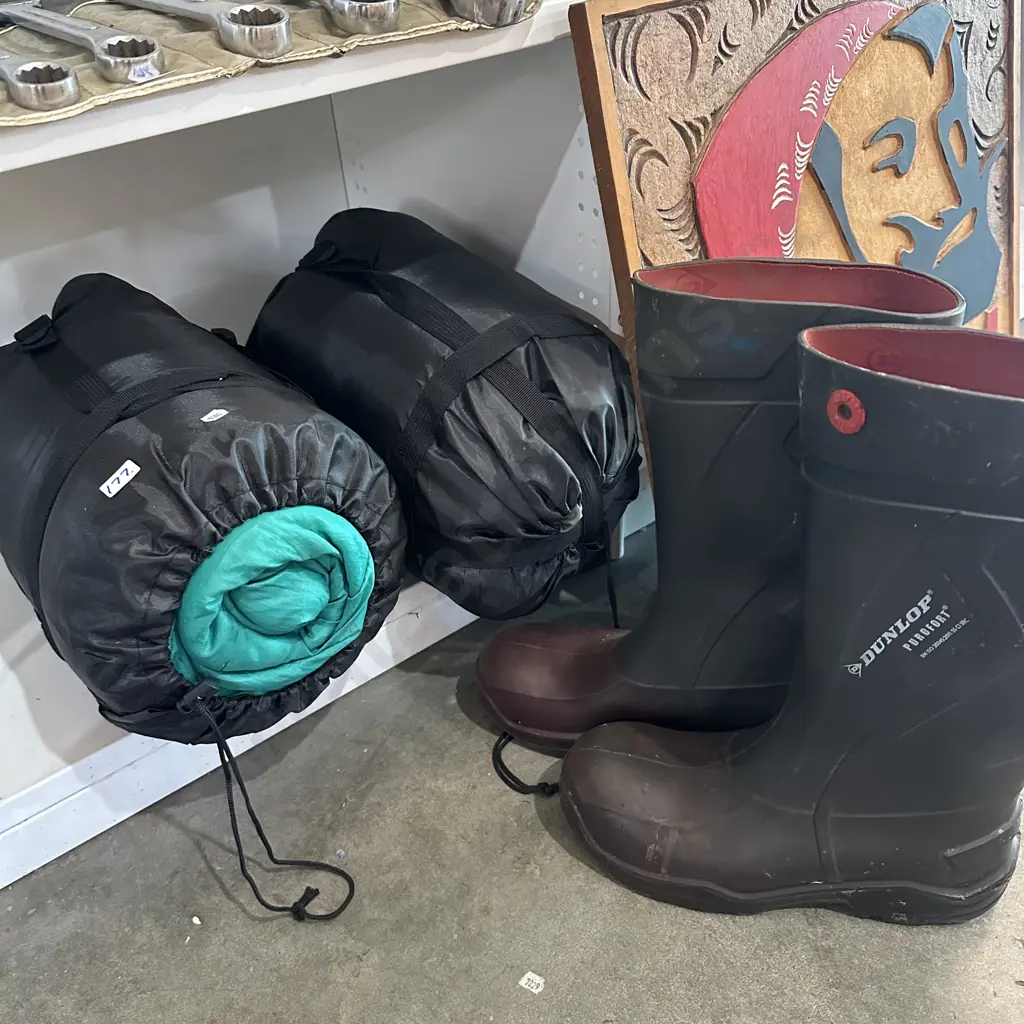 Two sleeping bags and Dunlop gumboots. Image 1++