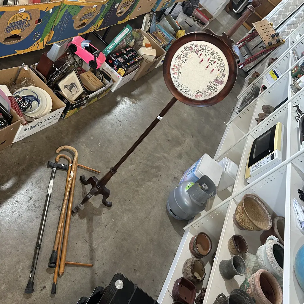 Antique pole screen plus three walking sticks etc. Image 1++