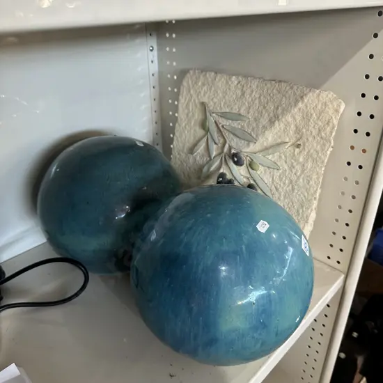 Pair garden balls and wall plaque.