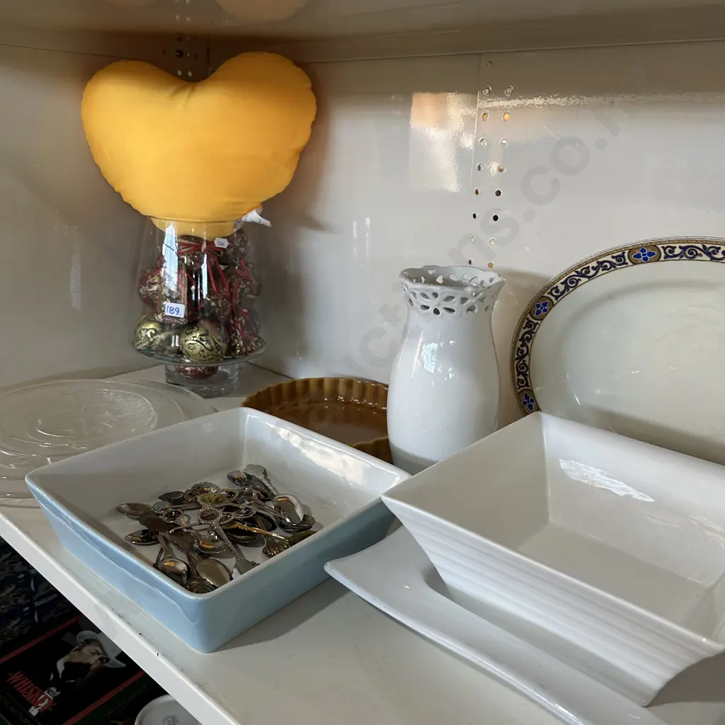 Shelf lot platters, decorations, vase and heart pillow etc. Image 1++