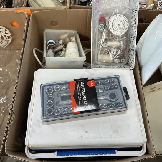 Chilly bin, socket set and sewing things etc.