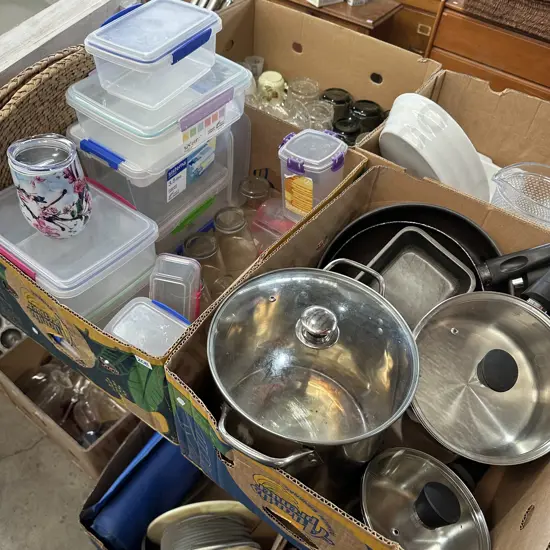 Two boxes lidded stock pot, pots and pans plus sistema and glassware etc.