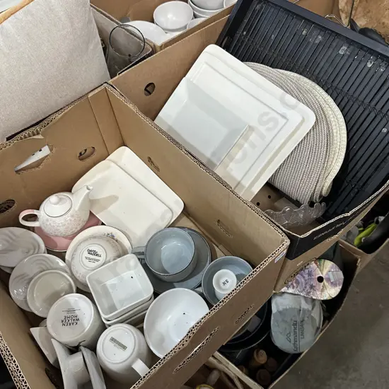 Two boxes dinnerware and tray etc.