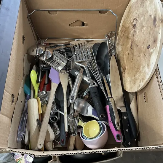 Box lot of kitchen knives and utensils etc.