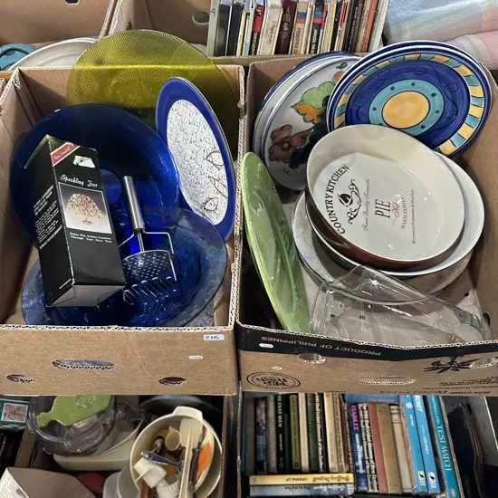 Three boxes of assorted plates plus bulbous glass vase etc.