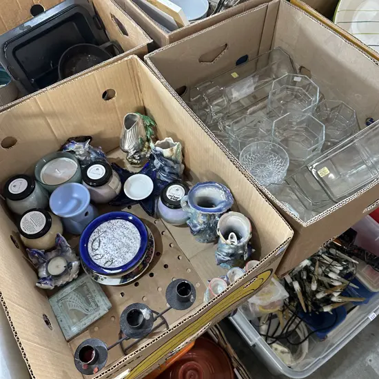 Two boxes glassware, candles and ornaments etc.