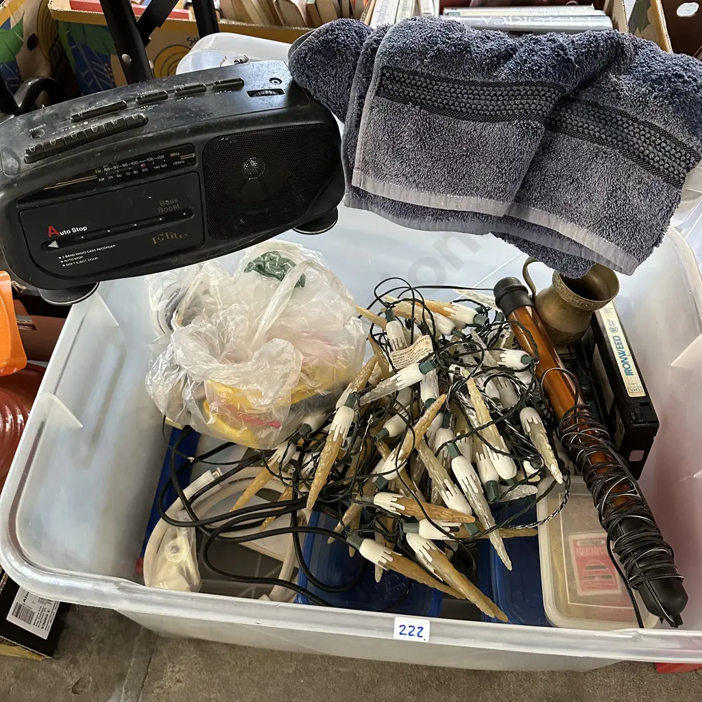 Lidded bin including a solid brass mug, radio and lights etc. Image 1++