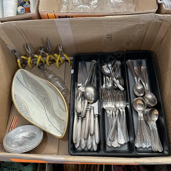 Cutlery and tray, mid-century dish, jewelry/craft pliers etc.