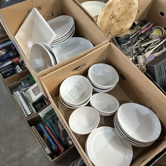 Two boxes of dinnerware plates.