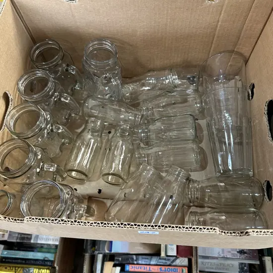 Box lot jars, glasses and bottles etc.
