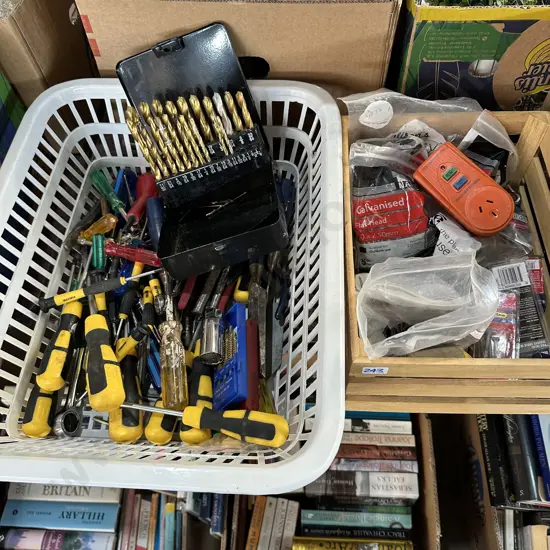 Basket of tools and drill bits plus nails, screws and RCD socket etc.